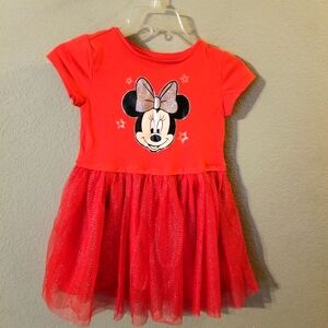 Disney Red Girls Short Sleeve Dress Minnie Mouse on Front Silver Glitter Large
